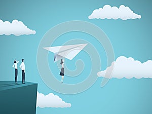 Business woman leader vector concept. Businesswoman flying with paper plane off a cliff. Symbol of strength, creativity