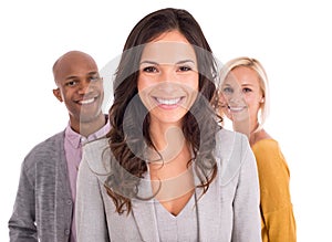 Business woman, leadership and face with smile, team in portrait and confidence isolated on white background. Success