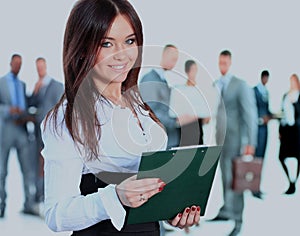 Business woman leading her team isolated over a white background.