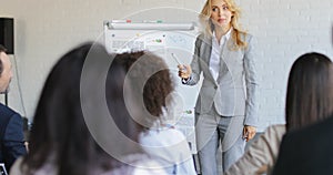 Business Woman Leading Presentation While Businesspeople Group Listening And Asking Questions, Communication On