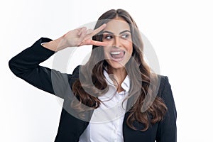 Business woman lick tongue with victory sign. Happy positive funny businesswoman show victory v-sign gesture isolated on