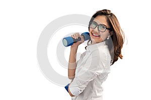 Business woman lifting dumbbell weights.