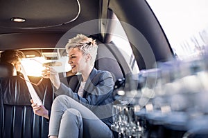 Business woman in limousine looking at documents