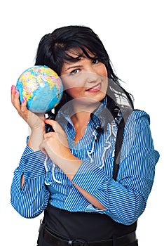 Business woman listening earth sound