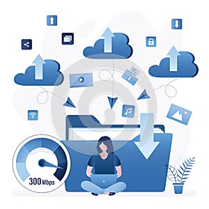 Business woman loading media content from clouds. Female character sits with laptop, big folder on background. Cloud service,