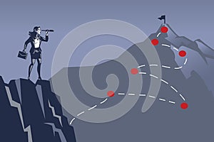 Business Woman Looking at a Flag at the Top of Mountain Using Binocular