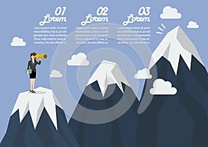 Business woman looking for mountain peak infographic