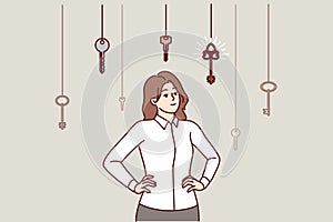 Business woman makes choice from dangling keys symbolizing different ways of solving problems