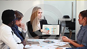 Business woman makes a presentation with charts, diagrams for multiethnic partners. Startup team discuss project plan