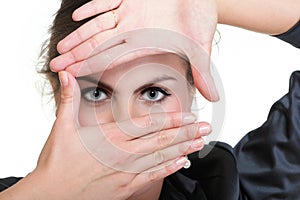 Business woman making a hand frame, isolated