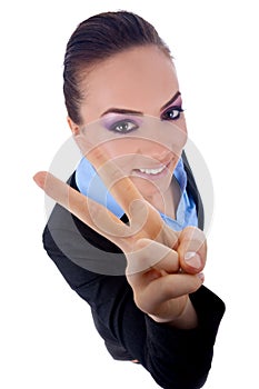 Business woman making her victory sign