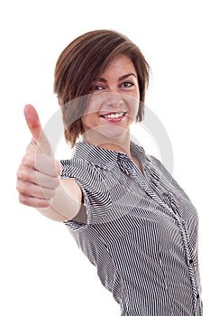 Business woman making thumb up gesture