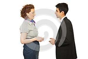 Business woman and man discuss photo