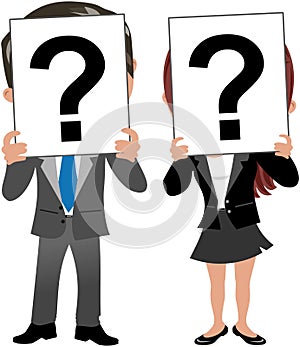 Business Woman and Man Face Behind Question Mark