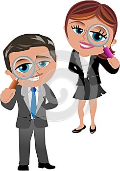 Business Woman and Man with Magnifying Glass