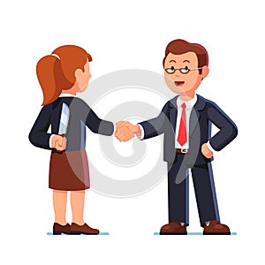Business woman and man shaking hands. Betrayal.