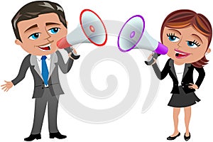 Business Woman and Man Speaking in Megaphone