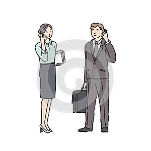 Business woman and man in strict suit talking on phone. Vector illustration in line art style isolated on white