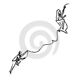 Business woman and man trying to climb to the top of rock silhouette blurred monochrome