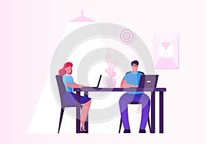 Business Woman and Man Working on Personal Computer in Creative Office Workplace. Hardwork Male Female Characters
