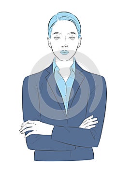 Business woman manager or a clerk with crossed arms. Young happy smiling characters portrait. Sketch Vector line
