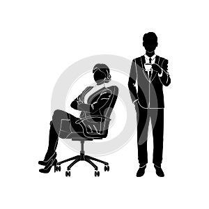 Business woman, manager is sitting in an office chair vector. Businessman is standing with a cup of coffee or tea black on white