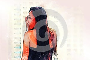 Business woman manager smile portrait and office building background in the capital city on watercolor illustration paint.