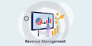 Business woman managing revenue with financial software report solution, office concept.