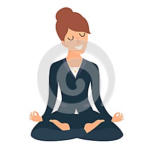 Business woman meditating. Concept of calm business, work at office. Happy worker. Business Woman in yoga pose, lotus position