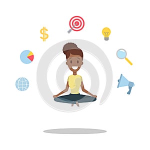 Business woman meditating in a lotus pose