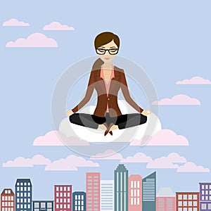 Business woman is meditating and relaxing in lotus pose,