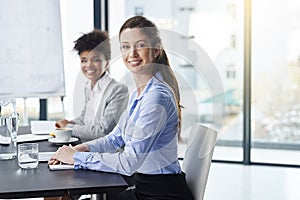 Business woman, meeting and smile in portrait, presentation for project planning and confidence at hedge fund firm