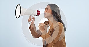 Business woman, megaphone and protest, breaking news or broadcast for gender equality and justice in studio. Serious