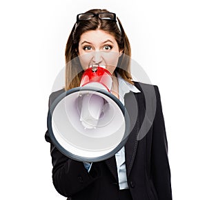 Business woman, megaphone and shouting in studio for serious announcement, voice or speech. Angry female model portrait