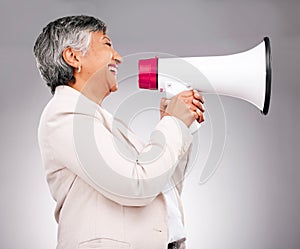 Business woman, megaphone and voice for announcement, broadcast or news in human resources on a white background. Happy