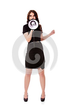 Business woman with megaphone yelling and screaming.