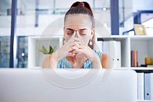 Business woman with mental health, stress and headache with anxiety at office, fatigue or corporate burnout. Pain, tired