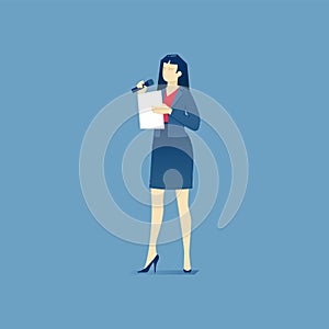 Business woman with microphone gives a speech