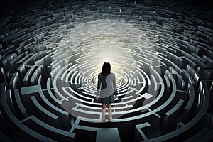 Business woman in the middle of the maze. Business challenge concept. By generative Ai