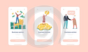 Business Woman Mobile App Page Onboard Screen Template. Successful Tiny Female Character Rejoice on Huge Money Pile