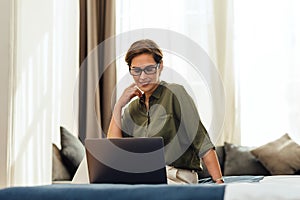 Business woman in modern hotel room