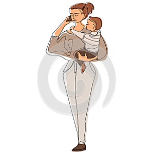 Business woman Mom talking on the phone with a baby in her arms Line art Vector isolated illustration.