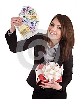 Business woman with money, gift box.