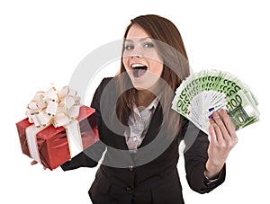 Business woman with money and gift box.