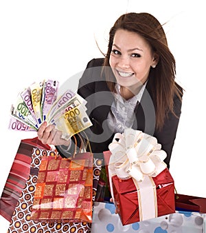 Business woman with money, gift box and bag.