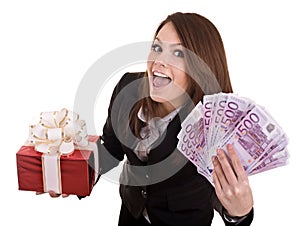 Business woman with money, gift box,. Isolated.