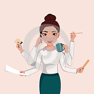 Business woman multitasking illustration busy shiva office manager with many hands talks phone