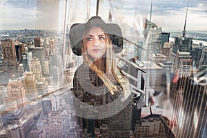 Business woman in New York City. Double exposure.