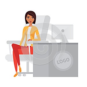 Business woman, office manager at computer desk. Vector character.