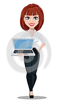 Business woman in office style clothes with brown hair.